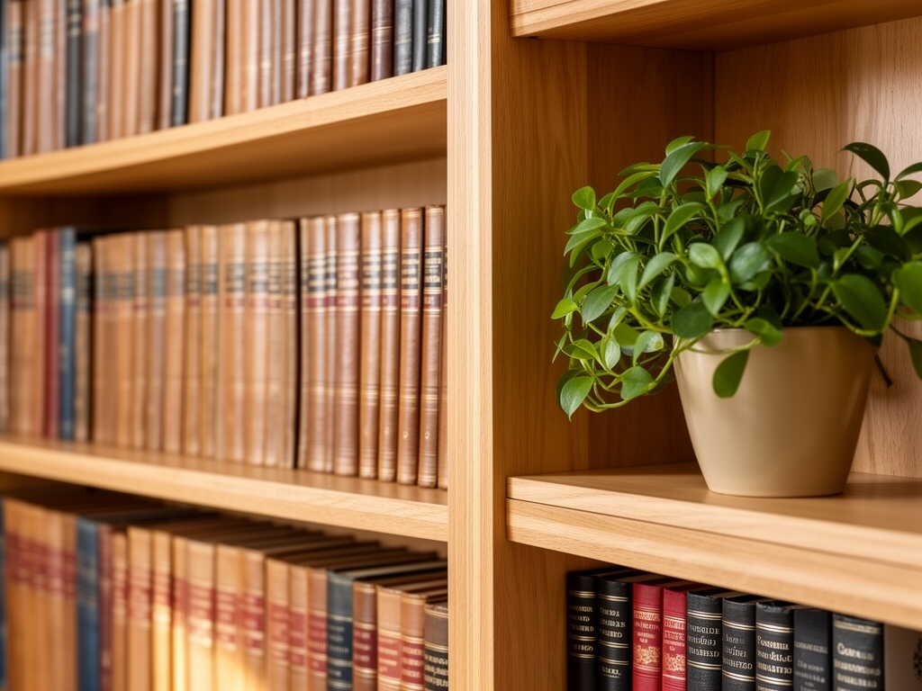 Bibliothèque en bois clair avec des rangées ordonnées de livres reliés, une plante verte posée sur une étagère, lumière naturelle douce provenant d'une fenêtre hors cadre