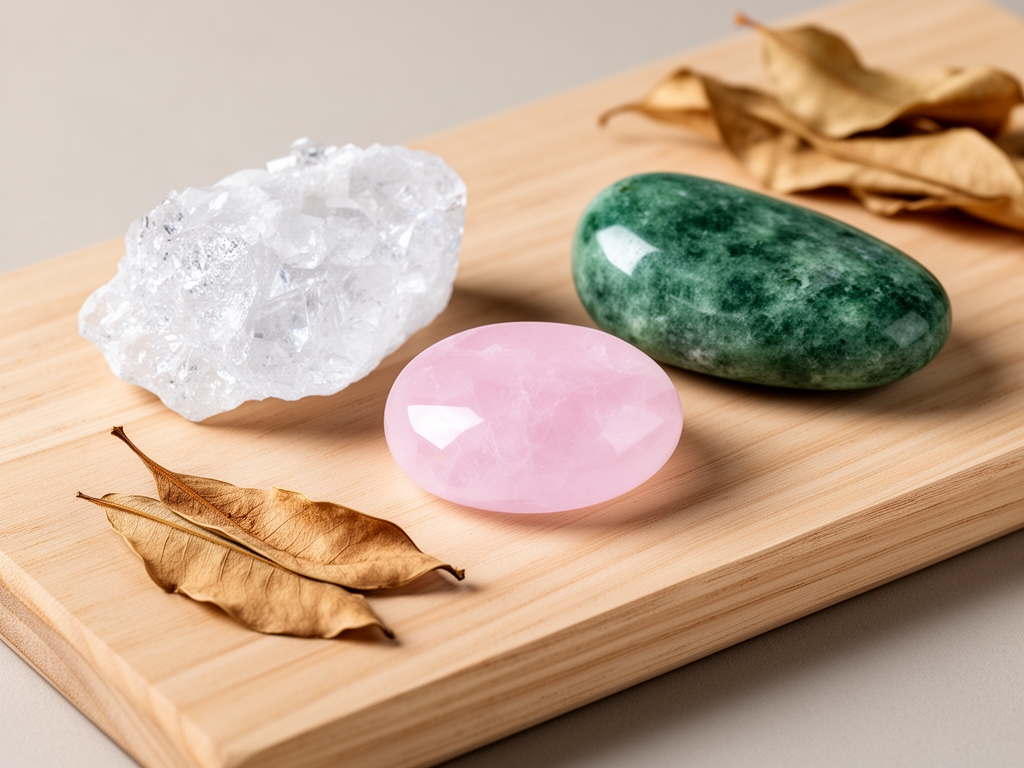 Échantillons de minéraux naturels polis — magnésium, quartz rose et pierre verte — disposés sur une planche en bois clair avec des feuilles séchées