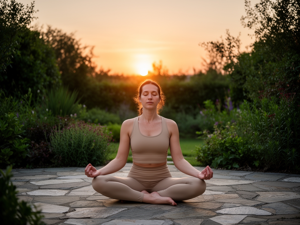 Personne pratiquant le yoga au lever du soleil dans un jardin entouré de végétation, posture de méditation détendue, vêtements neutres de couleur beige, sol en pierre naturelle