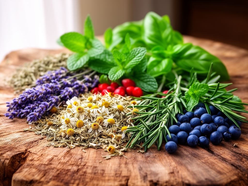 Gros plan de plantes médicinales séchées disposées sur une surface en bois naturel brut, avec des herbes fraîches et des baies, éclairées par une lumière naturelle douce venant d'une fenêtre